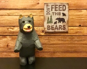 Dollhouse Miniature, Fairy Garden, Diorama, Miniature Black Carved Bear & “Don’t Feed The Bears” Sign. 1:12 Scale