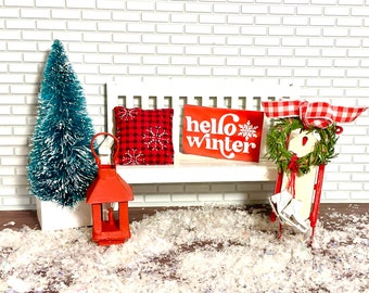 Dollhouse Miniature Winter Scene, Winter Tree, Wooden Bench, Metal Lantern, Snowflake Pillow, Sled With Ice Skates