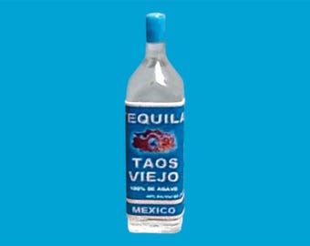 Botella de tequila en miniatura para casa de muñecas, escala 1:12