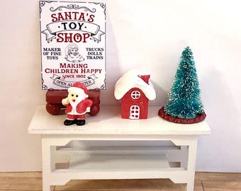 Dollhouse Miniature Christmas Decor, Miniature Santa, Christmas House, Santa’s Toy Shop Sign or Christmas Tree.  1:12 Scale