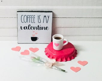 Dollhouse Miniature Valentine’s Day Decor, Wrapped Pink Rose, Coffee Sign or Cup of Coffee in a Heart Mug.  1:12 Scale