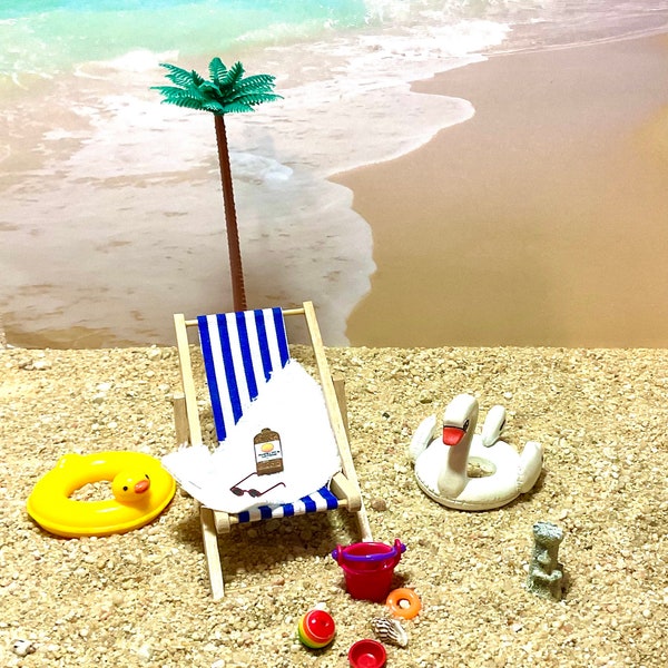 Dollhouse Miniature Beach Scene, Beach Chair, Duck Swim Ring, Swan Swim Ring, Palm Tree, Beach Toys or Sand Castle. 1:12 Scale