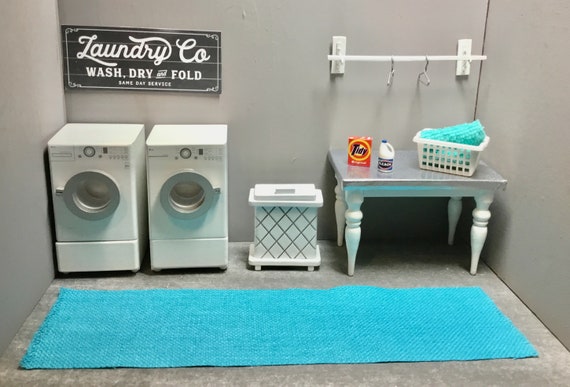 Dollhouse Miniature Laundry Room Washer Dryer Set Laundry Sign Clothes Hamper Laundry Basket Bleach Laundry Soap And Folding Table