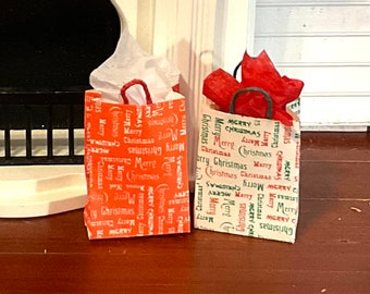 Dollhouse Miniature Christmas Gift Bags with Tissue Paper, Choice of Red or White. 1:12 Scale