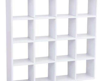 Estantería miniatura de madera blanca para casa de muñecas, 16 módulos. Escala 1:12.