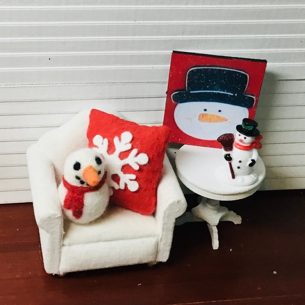 Dollhouse Miniature Winter Decor, Snowman Pillow Set, White Chair, Miniature Snowman, or Large Snowman Picture.  1:12 Scale