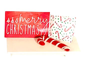 Dollhouse Miniature Merry Christmas Sign, Candy Cane Pillow Set or Candy Cane Pillow.  1:12 Scale
