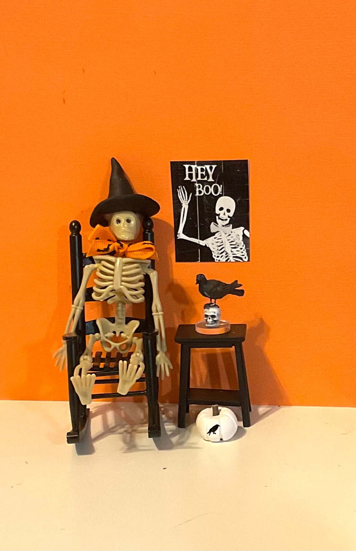 Hey Boo Skeleton Dollhouse Miniature, Halloween Decor, Skeleton With Witch Hat, Black ...