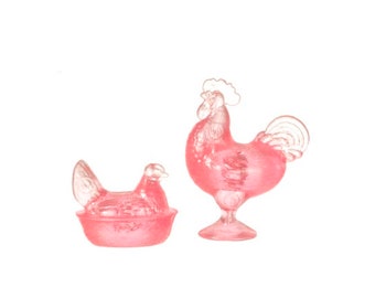 Dollhouse Miniature Pink Tiny Nesting Hen and Rooster Set