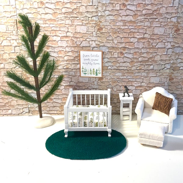 Dollhouse Miniature Woodlands Nursery, Playpen with Tree Sheets, White Chair & Ottoman, White Table, Mini Bigfoot, Green Rug. 1:12 Scale