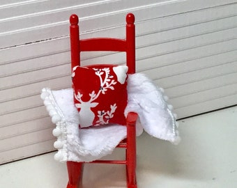 Dollhouse Miniature Red Wooden Rocking Chair, White Throw or Reindeer Pillow.  1:12 Scale