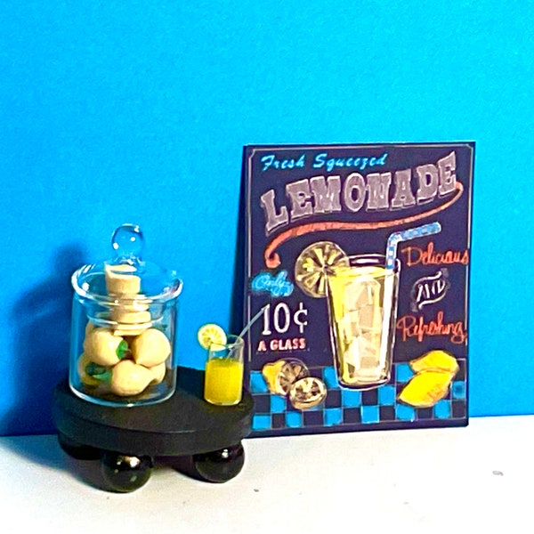 Dollhouse Miniature Lemonade, Lemonade Sign, Glass of Lemonade, Black Riser or Glass Jar of Lemons. 1:12 Scale