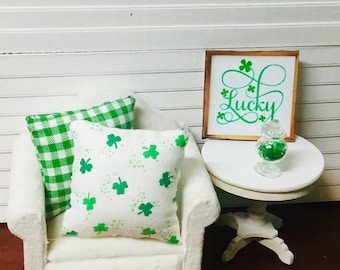Dollhouse Miniature St. Patrick’s Day Decor, Shamrock Pillow Set, Glass Jar of Shamrocks or Lucky Sign.   1:12 Scale