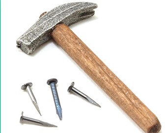 Dollhouse Miniature Wooden Handled Hammer with Metal Nails. 1:12 Scale