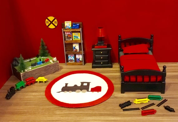 Dollhouse Miniature Little Boy S Train Themed Bedroom Train Lamp Train Rug Train Table Toy Trains 1 12 Scale