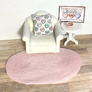 Dollhouse Miniature Valentine’s Day Decor, Conversation Hearts Pillow, Pink Rug, Valentines Sign or Bowl of Conversation Hearts.  1:12 Scale