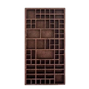 May include: A rectangular dark brown wooden display case featuring a grid of multiple compartments of varying sizes. The organizer has a solid outer frame and numerous internal dividers creating a structured layout for small items or collectibles.