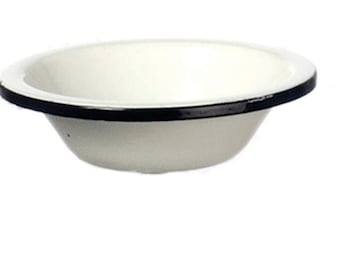 Dollhouse Miniature White Enamel Bowl with Black Rim.  1:12 Scale