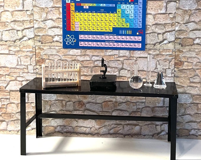 Dollhouse Miniature Science Lab, Black Metal Table, Periodic Table, Test Tube Set, Microscope on Stand or Beaker Set. 1:12 Scale