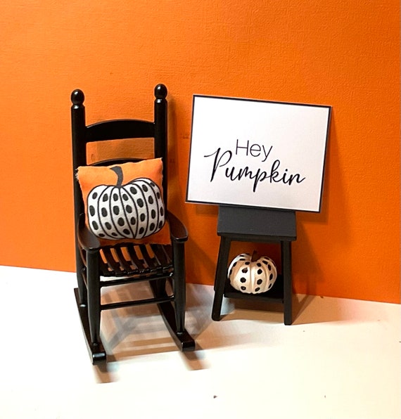 Dollhouse Miniature Fall Decor, Polka Dot Pumpkin Pillow, Polka Dot Pumpkin, Black Wooden Stand or Hey Pumpkin Sign. 1:12 Sign