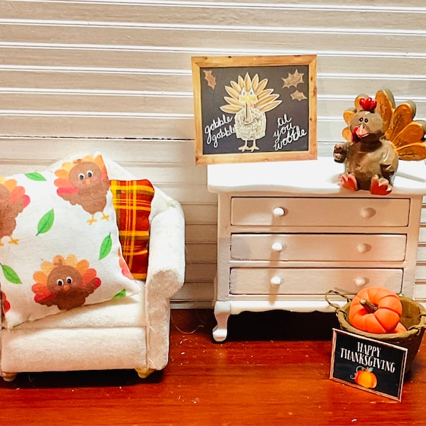 Dollhouse Miniature Thanksgiving Decor, White Chair, Turkey Pillow Set, White Chest, Mini Turkey, Turkey Sign or Basket of Pumpkins