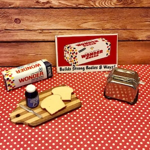 Dollhouse Miniature Wonder Bread Sign, Loaf Of Wonder Bread, Cutting Board With Bread, Jelly & Knife, Toaster 1:12 Scale