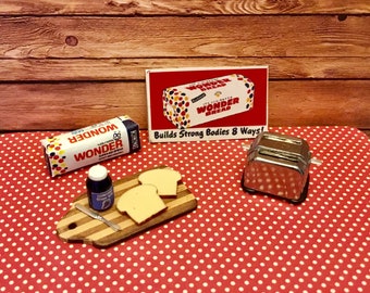 Dollhouse Miniature Wonder Bread Sign, Loaf Of Wonder Bread, Cutting Board With Bread, Jelly & Knife, Toaster 1:12 Scale
