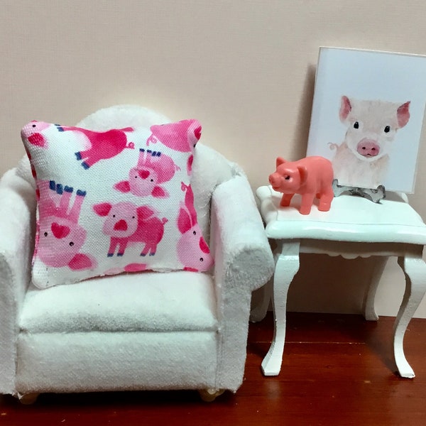 Dollhouse Miniature Pig Pillow, Pig Picture & Pink Pig.  1:12 Scale