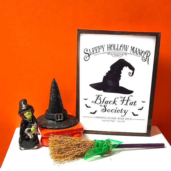 Dollhouse Miniature Halloween Decor, “Black Hat Society” Sign, Ceramic Witch, Orange Riser, Witch’s Hat or Witch’s Broom. 1:12 Scale