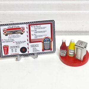 Dollhouse Miniature Diner Menu, Ketchup & Mustard Set or Napkin Dispenser.  1:12 Scale