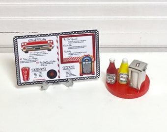 Dollhouse Miniature Diner Menu, Ketchup & Mustard Set or Napkin Dispenser.  1:12 Scale