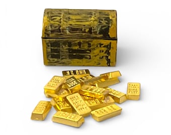 Dollhouse Miniature, Fairy Garden, Diorama, Small Metal Treasure Chest with (20) Faux Gold Bars. 1:12 Scale