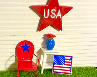 Dollhouse Miniature Fourth of July Decor, Red Chair with Star, White Wooden Table, USA Star, Flag Sign or Red Carnations 1:12 Scale