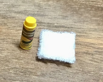 Dollhouse Miniature Can Of Furniture Polish & Dust Rag.  1:12 Scale
