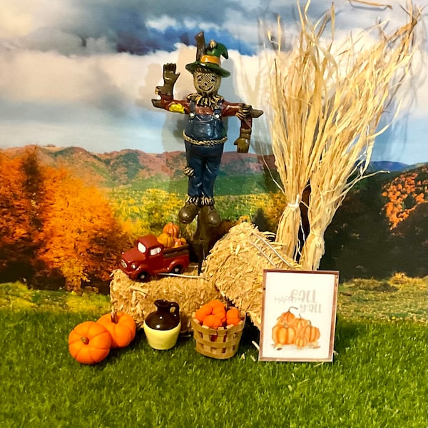 Dollhouse Miniature Fall Decor, Scarecrow, Miniature Hay, Corn Stalks, Fall Sign, Bushel Basket of Pumpkins, Jug or Pumpkins. 1:12 Scale