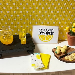 Dollhouse Miniature, Lemonade Display, Black Riser, Lemonade Set, Lemonade Sign, Yellow Tulips, Lemon Towel Set or Lemon  Cutting Board