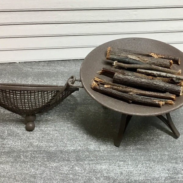 Dollhouse Miniature, Fairy Garden, Rustic Metal Outdoor Firepit with Wood. 1:12 Scale
