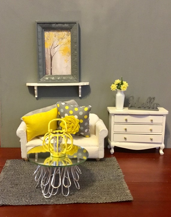 Dollhouse Miniature Gray Yellow Pillow Set Throw Flower Arrangement Ow Sign White Shelf 1 12 Scale