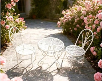 Casa de muñecas en miniatura, jardín de hadas, mesa y sillas blancas de hierro forjado, escala 1:12.