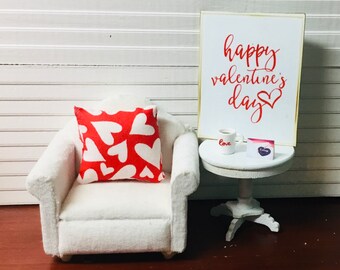 Dollhouse Miniature Valentine’s Day Decor, Heart Pillow, Love Mug of Coffee, Valentine’s Day Card or Valentine’s Day Sign. 1:12 Scale