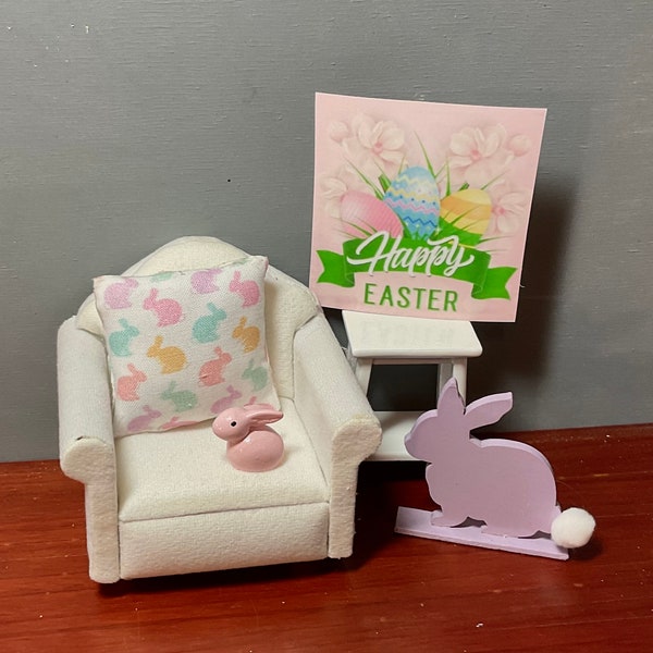 Dollhouse Miniature Easter Decor, Easter Pillow, Easter Picture, White Wooden Stand, Pink Bunny or Purple Wooden Rabbit.