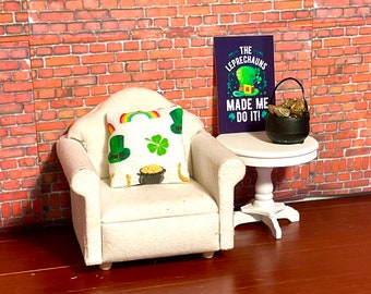 Dollhouse Miniature St. Patrick’s Day Decor, White Fabric Chair,   St. Patrick’s Day Pillow, Pot of Gold, White Wooden or St Patrick’s Sign