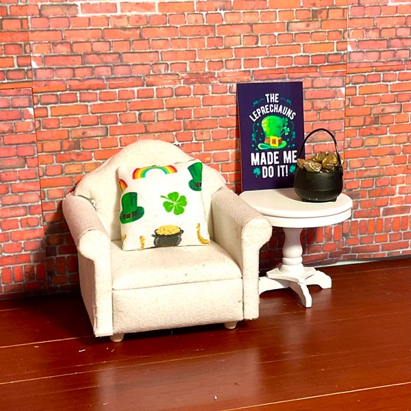 Dollhouse Miniature St. Patrick’s Day Decor, White Fabric Chair,   St. Patrick’s Day Pillow, Pot of Gold, White Wooden or St Patrick’s Sign