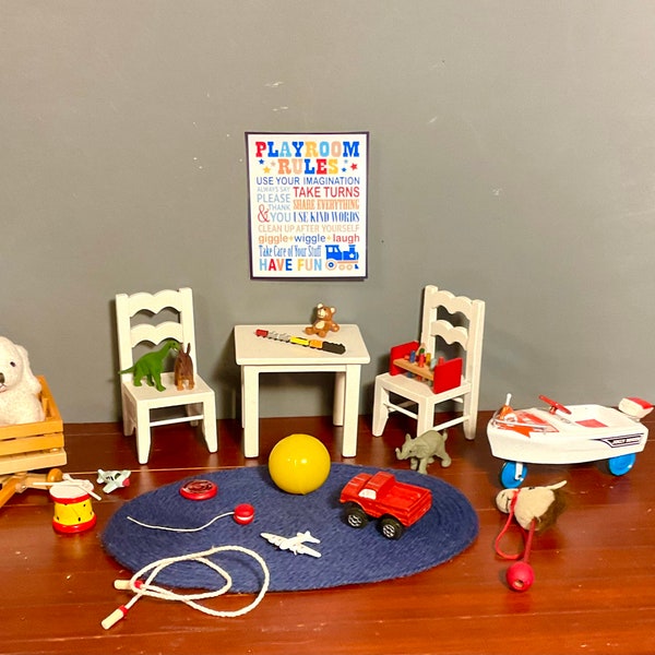 Dollhouse Miniature Playroom, Children’s Table & Chairs, Navy Rug, Train, Red Truck, Wagon, Elephant, Drum, Pounding Toy  1:12 Scale