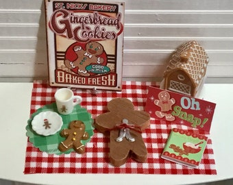 Dollhouse Miniature, Christmas Kitchen, Gingerbread Man Cutting Board With Cookie Cutter, Gingerbread Man Plate or Mug, Gingerbread Man