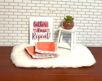 Dollhouse Miniature Bathroom Decor, Bathroom Sign, White Wooden Table, Succulent, White Furry Rug or Set of Towels. 1:12 Scale