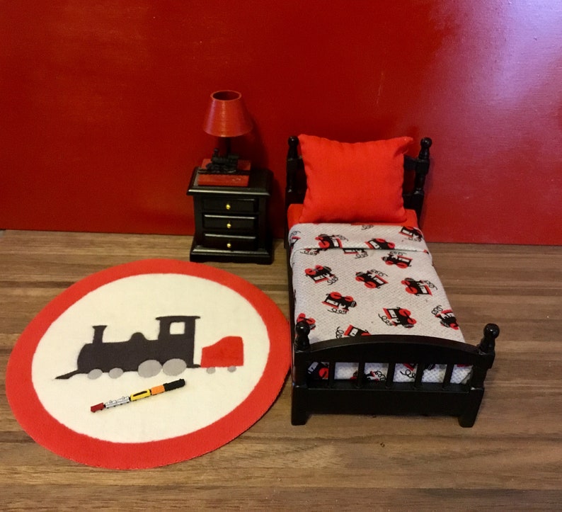 Dollhouse Miniature Train Themed Bedroom Train Lamp Train Rug Toy Train Bed With Train Themed Bedding Side Table 1 12 Scale