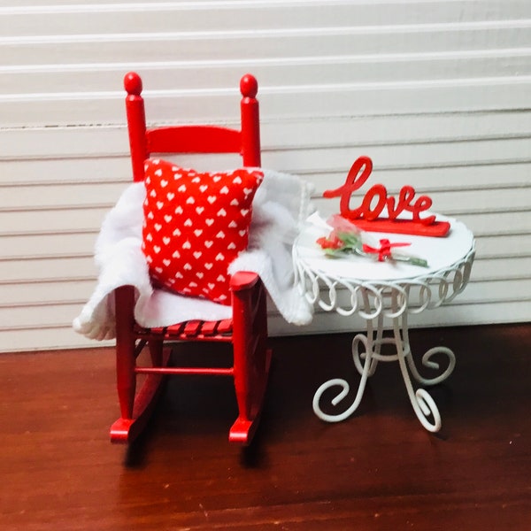 Dollhouse Miniature Red Rocker, White Throw, Heart Pillow, White Metal Table, Wooden Love Sign or Wrapped Red Roses.   1:12 Scale