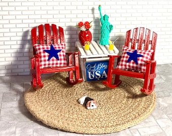 Dollhouse Miniature Fourth of July Scene, Red Wooden Rocker, Statue of Liberty, Star Pillow, Woven Rug, White Wooden Table, 1:12 Scale