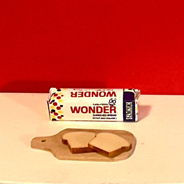 Dollhouse Miniature Loaf of Wonder Bread, Wooden Cutting Board and (2) Slices of Bread.  1 12 Scale